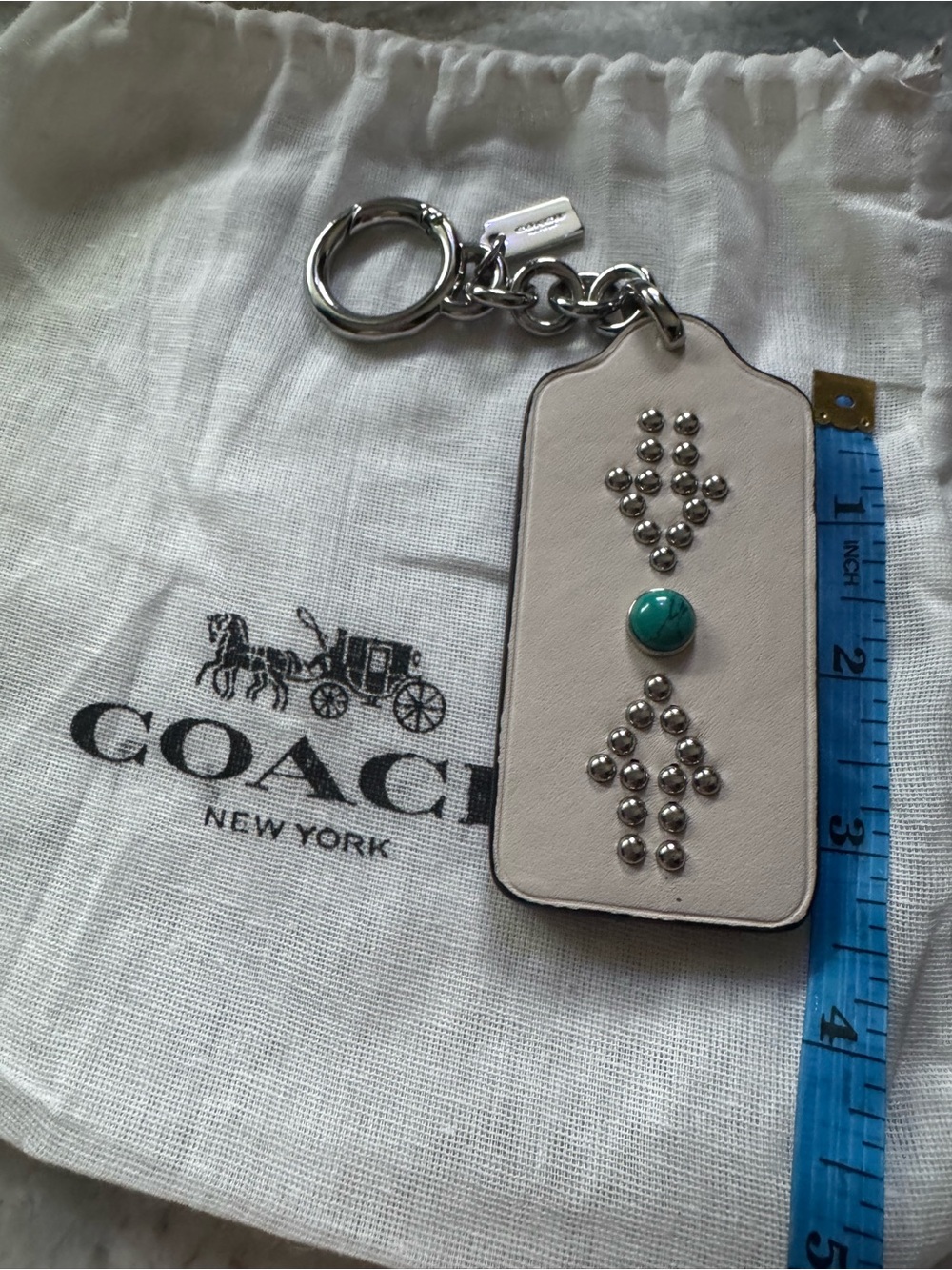 COACH XL HTF River Chalk Leather Studded Bag Charm with Turquoise Accent 4” x 2”